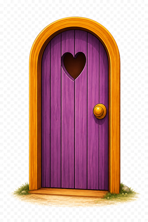 A closed purple door with a heart cut-out